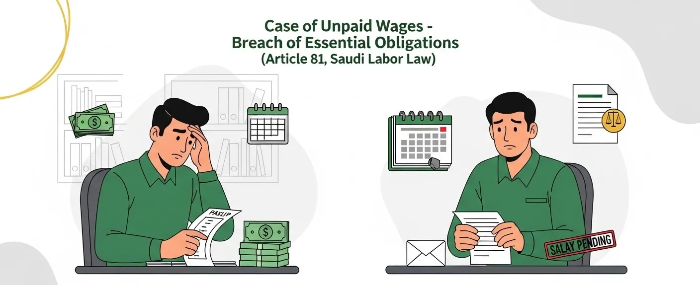 Illustration showing a worker in Saudi Arabia facing repeated salary delays, symbolizing a breach of essential statutory obligations under Article 81 of the Saudi Labor Law.