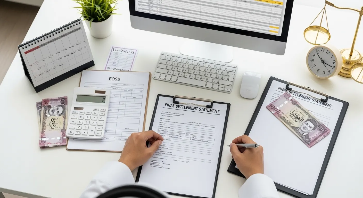 Saudi HR officer preparing final settlement documents with Riyal notes, calculator, and payout statement under Article 88 of the Saudi Labor Law.