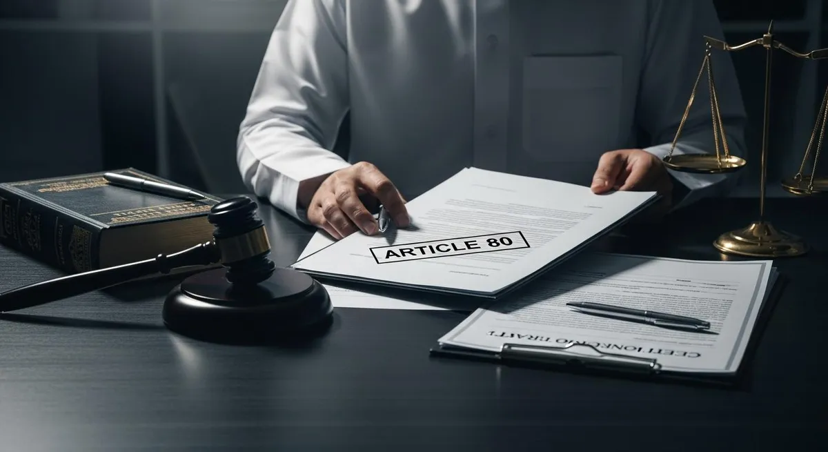 Legal advisor reviewing Article 80 termination documents under Saudi Labor Law, symbolizing EOSB deprivation due to serious misconduct.