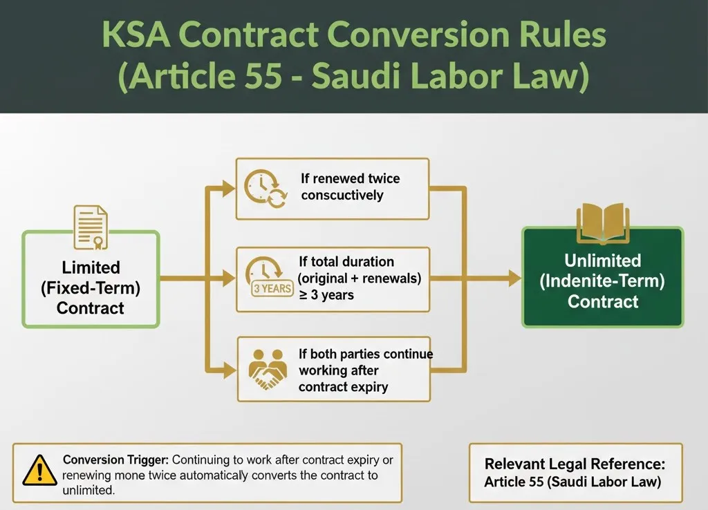 Flowchart infographic showing how a Limited (Fixed-Term) employment contract in Saudi Arabia converts to an Unlimited (Indefinite-Term) contract under Article 55 of the Saudi Labor Law.