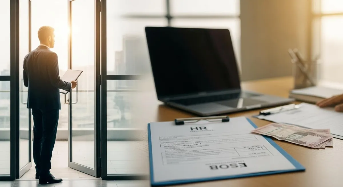 موظف سعودي يحمل خطاب استقالة بالقرب من مخرج المكتب، مما يرمز إلى استحقاق مكافأة نهاية الخدمة والمغادرة المهنية في المملكة العربية السعودية.